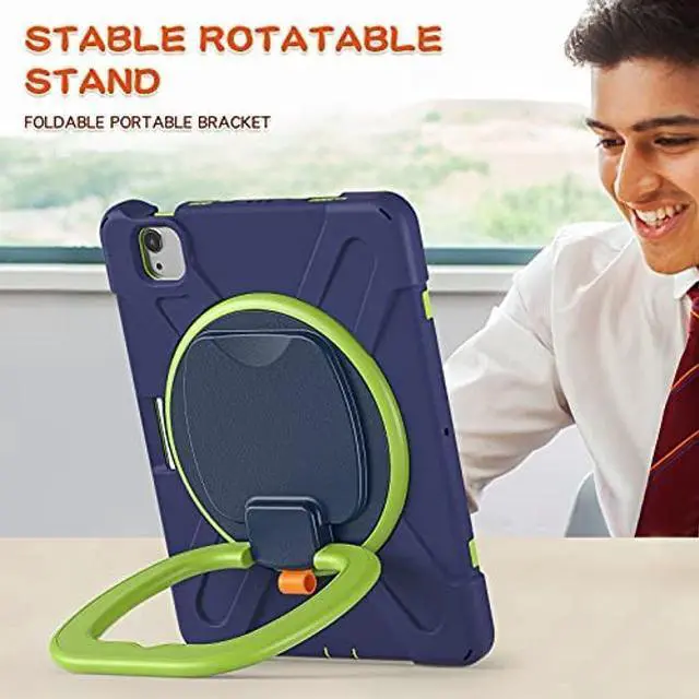 Alt view image 5 of 5 - MEEgoodo Case for Kids iPad Pro M2 12.9 Case 6th/5th/4th/3rd Generation 2022 2021 2020 2018 with Pencil Holder/Rotating Stand/Shoulder Strap, Protection Duty Shockproof Silicone Cover, Navy Blue Lime