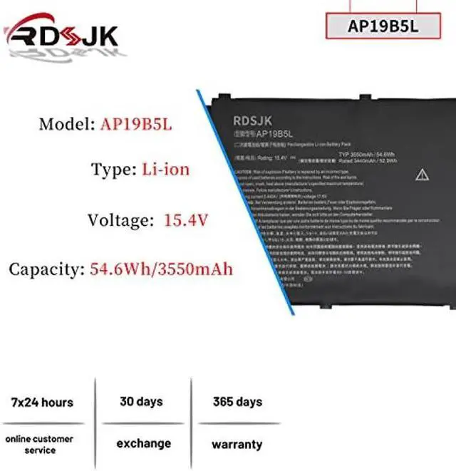 Alt view image 2 of 5 - AP19B5L Laptop Battery for Acer Aspire 5 A514-54 A515-55 A515-43 A515-43-R5RE A515-43-R19L A515-43-DDR4 A515-43G A515-52 A515-52G Swift 3 SF314-42 SP314-21N-R5FR Vero AV15-51 AV15-51-549K 15.4V 54.6Wh