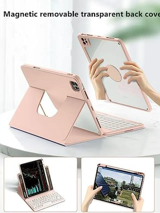 Alt view image 3 of 5 - SENLAN Rotatable iPad 10.2 '' 7th/ 8th/ 9th Generation Keyboard case Magnet Detachable Transparent Back Cover iPad7 8 9 Bluetooth Keyboard with Pencil Holder Horizontal/Vertical Stand (Pink)