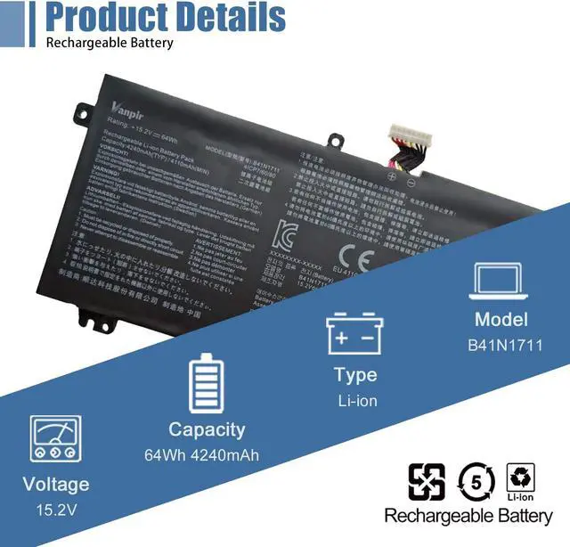Alt view image 2 of 5 - VANPIR B41N1711 Short-line Laptop Battery 15.2V 64Wh 4240mAh Compatible with Asus FX503VM FX63VD FX63VM GL703GE-ES73 GL703VD-1A ROG Strix GL503 GL503VD GL503VM GL703VD GL703VM ZX63V Series B41Bn95