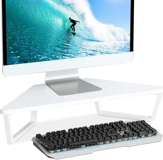 Main image of TEAMIX 26 inch White Triangle Monitor Stand Riser, Desktop Corner Shelf with Metal Leg Wood Computer Stand with Storage Laptop Riser Office Organization