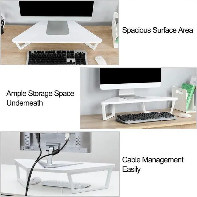 Alt view image 3 of 5 - TEAMIX 26 inch White Triangle Monitor Stand Riser, Desktop Corner Shelf with Metal Leg Wood Computer Stand with Storage Laptop Riser Office Organization