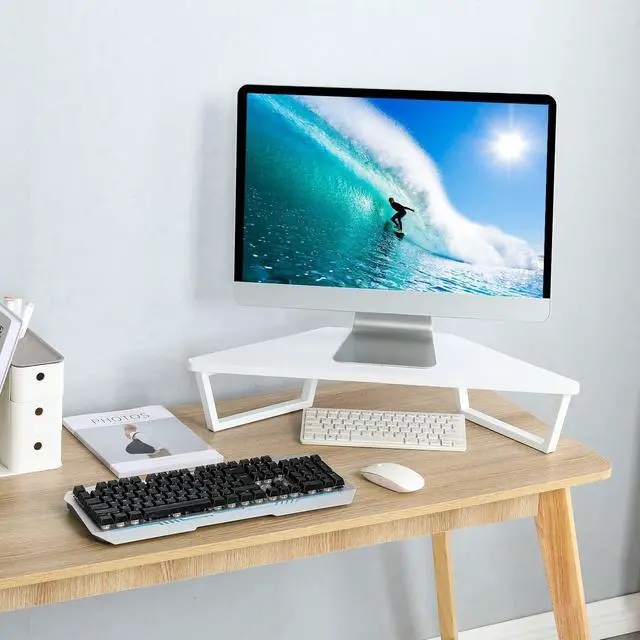 Alt view image 2 of 5 - TEAMIX 26 inch White Triangle Monitor Stand Riser, Desktop Corner Shelf with Metal Leg Wood Computer Stand with Storage Laptop Riser Office Organization