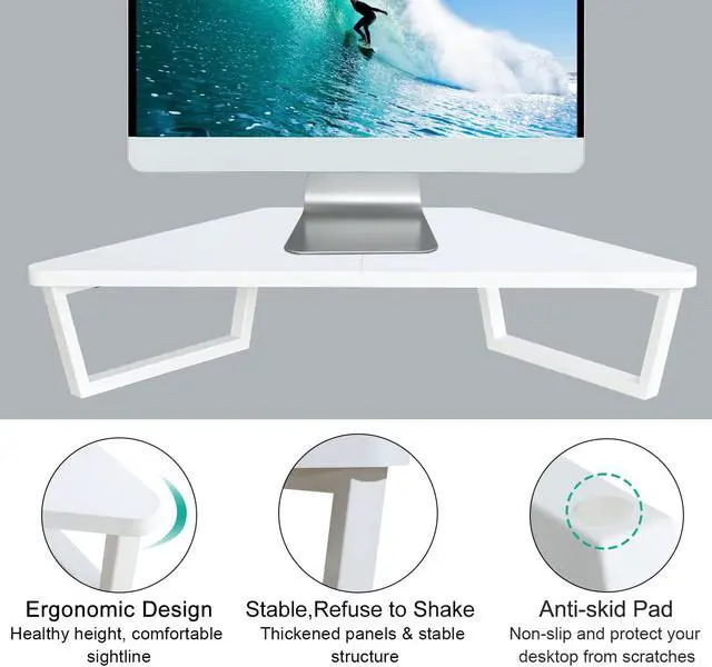 Alt view image 4 of 5 - TEAMIX 26 inch White Triangle Monitor Stand Riser, Desktop Corner Shelf with Metal Leg Wood Computer Stand with Storage Laptop Riser Office Organization