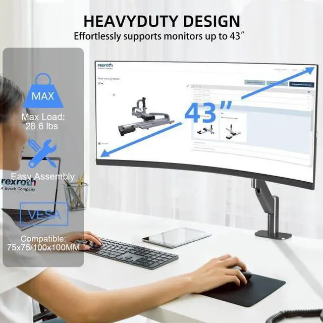 Alt view image 2 of 5 - Suptek Ultrawide Monitor Arm, Heavy Duty Monitor Arm for Ultrawide Monitors up to 43 inches and 28.6 lbs, Single Desk Mount Stand, Pneumatic Height,C-Clamp and Grommet Desk Mount MD71M