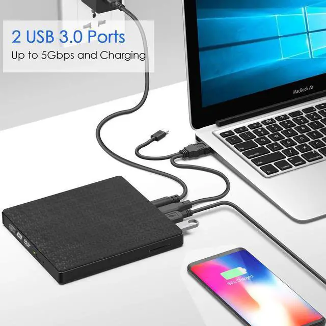 Alt view image 4 of 5 - External DVD CD Drive High-Speed USB-C&USB 3.0 CD DVD-RW Player Burner Writer Rewrite Support SD/TF Card/2 USB 3.0 Ports/Charging,Compatible with WriteOS/Windows/MacBook/Laptop/Desktop Computer pc