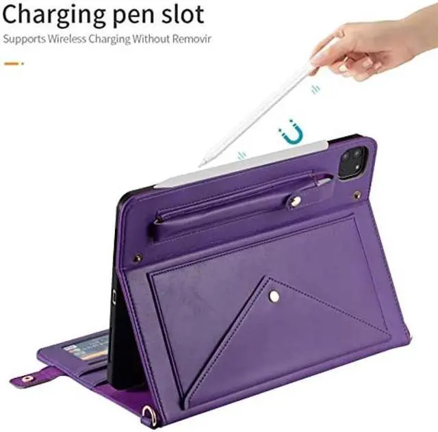 Alt view image 4 of 5 - Handbag Case for iPad Pro 12.9" 2022/2021/2020, Techcircle Folio Stand iPad Crossbody Wallet Case with Pencil Holder, Card Slot, Hand Strap & Shoulder Strap PU Leather Protective Cover, Purple