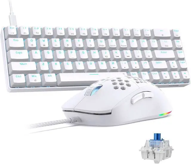 Main image of TMKB Falcon M1SE Gaming Mouse, T68SE 60% Mechanical Gaming Keyboard, LED Backlit, 12800DPI Optical Sensor with Blue Switch-White