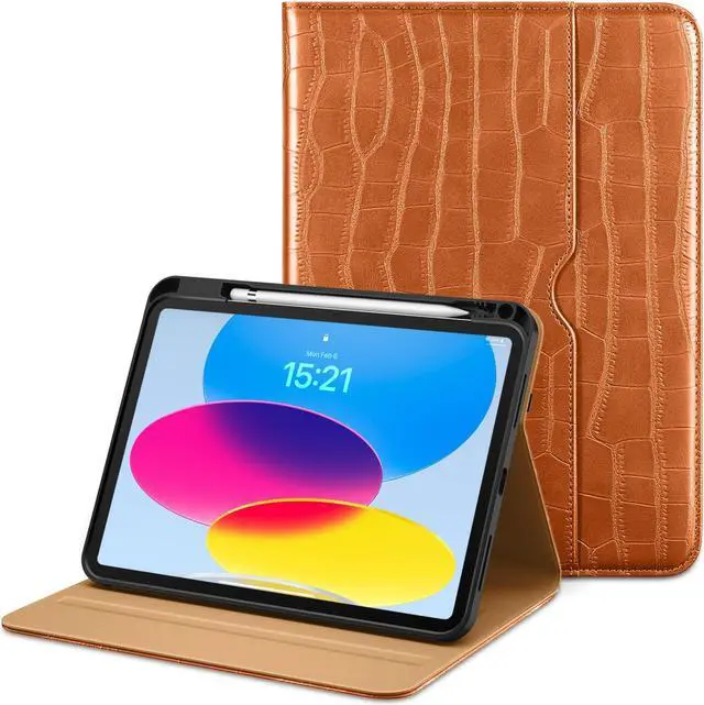 Main image of DTTOCASE Crocodile Case for iPad 10th Generation 2022, iPad 10.9 Inch Leather Smart Folio Cover with Pencil Holder and Hand Strap, Support Auto Sleep/Wake, ID Touch, Multiple Viewing Angles-Brown