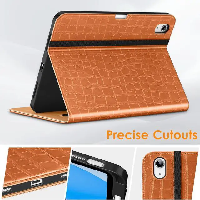 Alt view image 3 of 5 - DTTOCASE Crocodile Case for iPad 10th Generation 2022, iPad 10.9 Inch Leather Smart Folio Cover with Pencil Holder and Hand Strap, Support Auto Sleep/Wake, ID Touch, Multiple Viewing Angles-Brown