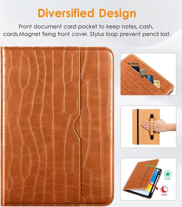 Alt view image 4 of 5 - DTTOCASE Crocodile Case for iPad 10th Generation 2022, iPad 10.9 Inch Leather Smart Folio Cover with Pencil Holder and Hand Strap, Support Auto Sleep/Wake, ID Touch, Multiple Viewing Angles-Brown