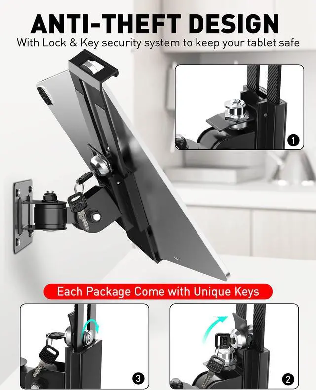 Alt view image 4 of 5 - AboveTEK Tablet Wall Mount -360deg Rotation iPad Wall Holder for Retail & Business, Anti Theft iPad Stand Fits 7"-11" Tablets Including iPad Pro/Air/Mini, Galaxy Tab - Security Lock & Key - (Black)