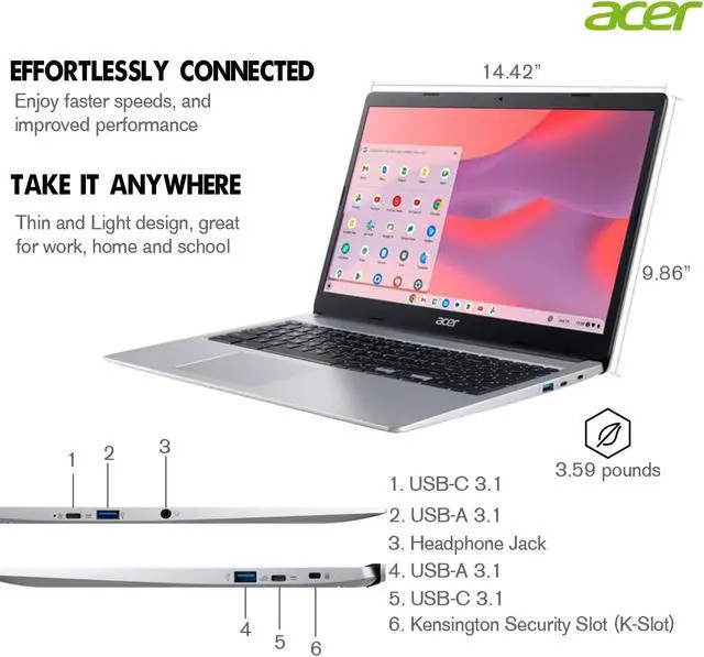 Alt view image 5 of 5 - acer Chromebook 315, 15.6" HD Laptop Computer, Thin and Light PC, Intel Celeron N4020, 4GB LPDDR4 RAM, 320GB Storage, Chrome OS, Long Battery Life, Numeric Keyboard, Wi-Fi 5, Webcam, PCM