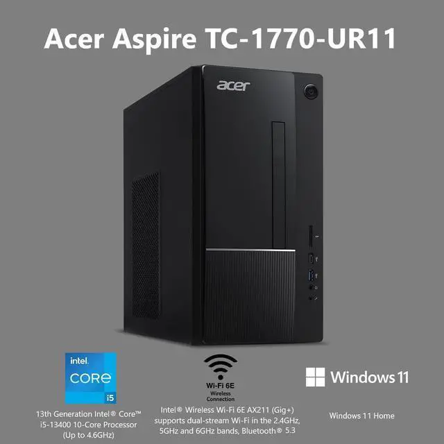 Alt view image 2 of 5 - Acer Aspire TC-1770-UR11 Desktop | 13th Gen Intel Core i5-13400 10-Core Processor | 8GB 3200MHz DDR4 | 512GB M.2 2280 PCIe Gen 4 SSD | SD Card Reader | Intel Wi-Fi 6E AX211 | Windows 11 Home,Black
