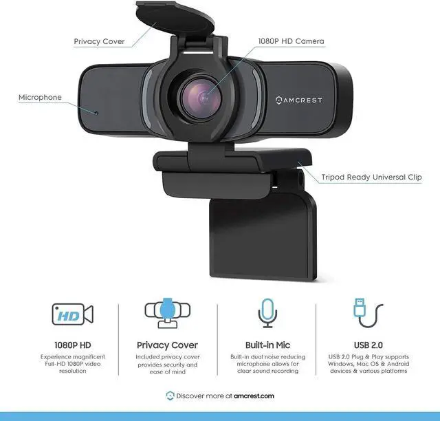 Alt view image 2 of 5 - Amcrest 1080P Webcam with Privacy Cover & Omnidirectional Microphone, Web Cam USB Camera, Computer HD Streaming Webcam for PC Desktop & Laptop, Boom Arm, Pop-Filter, Shock Mount (AM430-BPS-AWC201-B)