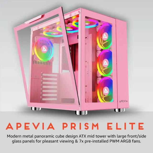 Alt view image 2 of 5 - Apevia Prism-Elite-PK Prism Elite Mid Tower ATX Gaming PC Cube Case w/ 7X 120mm PWM ARGB Fans, 366 RGB Modes, Dual Tempered Glass Panels, 360mm Radiator Support, 2X USB3.0, 2X USB 2.0, Pink