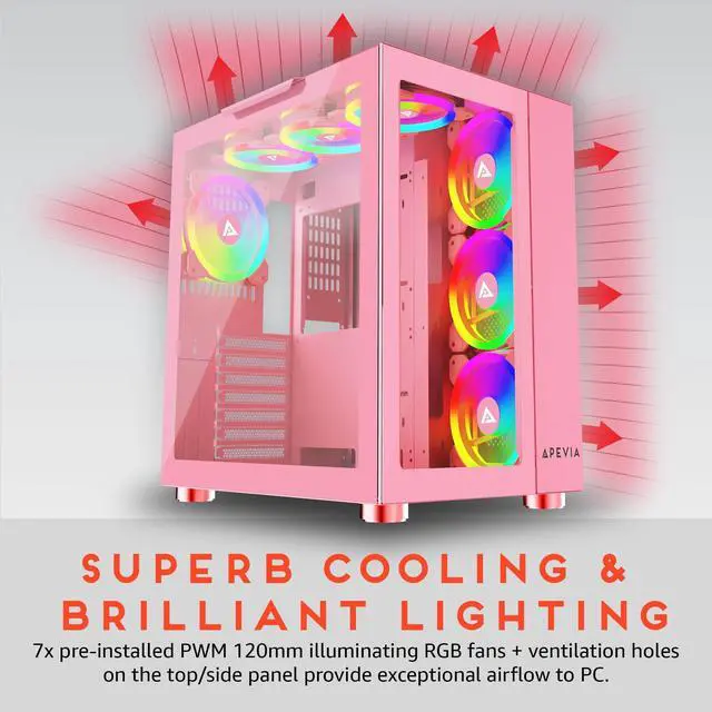 Alt view image 4 of 5 - Apevia Prism-Elite-PK Prism Elite Mid Tower ATX Gaming PC Cube Case w/ 7X 120mm PWM ARGB Fans, 366 RGB Modes, Dual Tempered Glass Panels, 360mm Radiator Support, 2X USB3.0, 2X USB 2.0, Pink