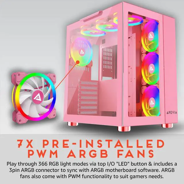 Alt view image 3 of 5 - Apevia Prism-Elite-PK Prism Elite Mid Tower ATX Gaming PC Cube Case w/ 7X 120mm PWM ARGB Fans, 366 RGB Modes, Dual Tempered Glass Panels, 360mm Radiator Support, 2X USB3.0, 2X USB 2.0, Pink