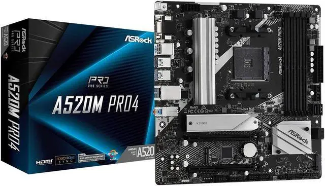 Main image of ASRock A520M Pro4 AMD Ryzen 3000/4000 Series (Soket AM4) Compatible with A520 Chipset, Micro ATX Motherboard [Domestic Authorized Dealer Product]