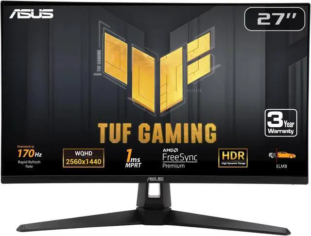 Main image of ASUS TUF Gaming 27" 1440P Monitor (VG27AQA1A) - QHD (2560 x 1440), 170Hz (Supports 144Hz), 1ms, Extreme Low Motion Blur, Freesync Premium, Eye Care, HDMI, DisplayPort, Shadow Boost, Speakers, HDR