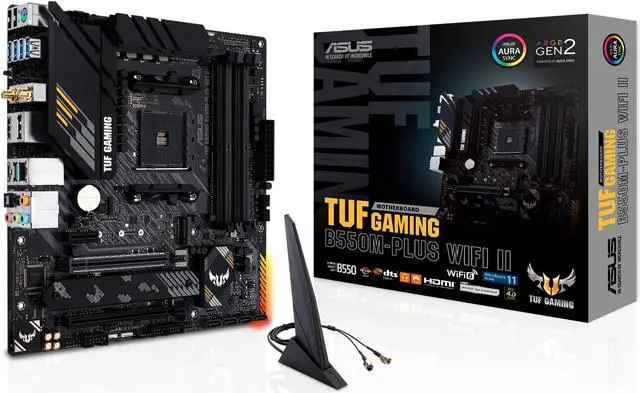 Main image of ASUS TUF GAMING B550M-PLUS WiFi II AMD AM4 (3rd Gen Ryzen) microATX motherboard (PCIe 4.0, WiFi 6 2.5Gb LAN, BIOS FlashBack, HDMI 2.1, USB 3.2 Gen 2, Addressable Gen 2 RGB header and AURA Sync)