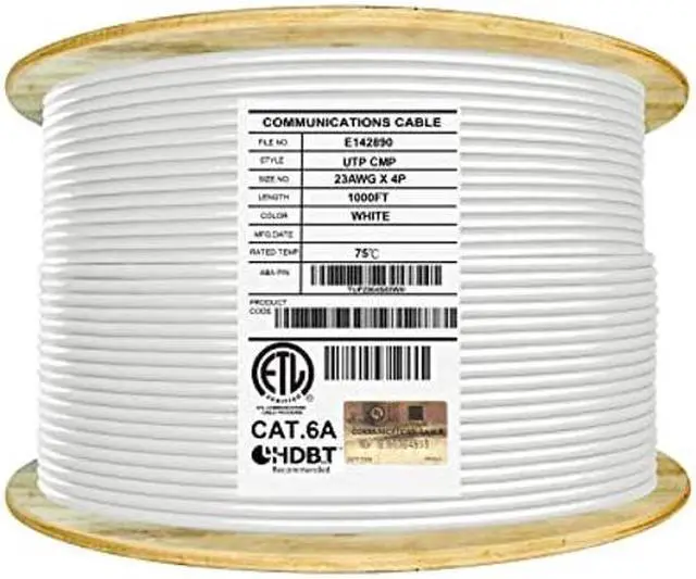 Main image of Elite Cat6A Plenum Unshielded, CMP, 750MHz, UL Listed, 1000ft, 23AWG, Solid, Pure Copper, ETL Verified, Higher Performance PoE, White