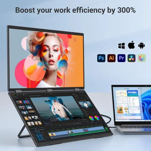 Alt view image 5 of 5 - InnoView 18.5" Laptop Screen Extender 115% sRGB Dual Monitors Stacked Folding Triple Monitor (Wins/Mac) 1080P Triple Portable Monitor for Laptop 90deg/180deg Automatic Rotation