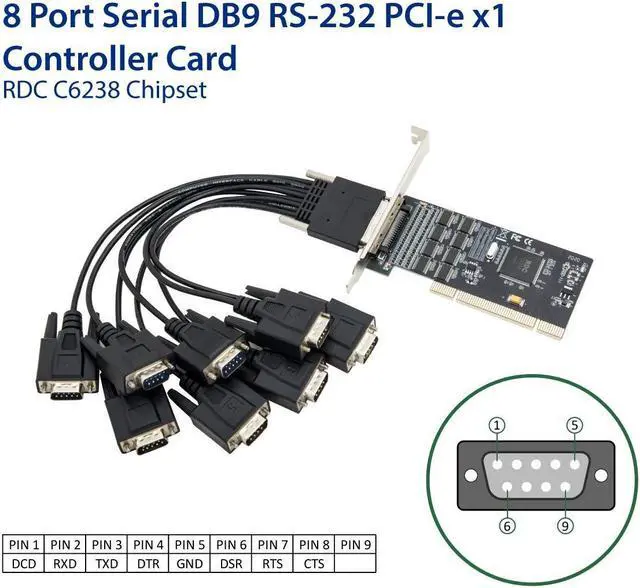 Alt view image 2 of 5 - IO Crest 8 Port Serial DB9 RS-232 PCI Controller Card RDC C6238 Chipset SI-PCI15068