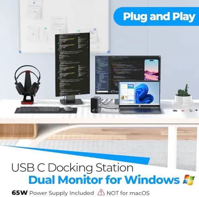 Alt view image 2 of 5 - USB C Docking Station Dual Monitor, Dual HDMI USB C Dock, Laptop Docking Station with 2 HDMI Ports, VGA, 65W Power Adapter,6 USB, Ethernet, SD/TF, Audio/Mic for Dell/Hp/Surface Pro