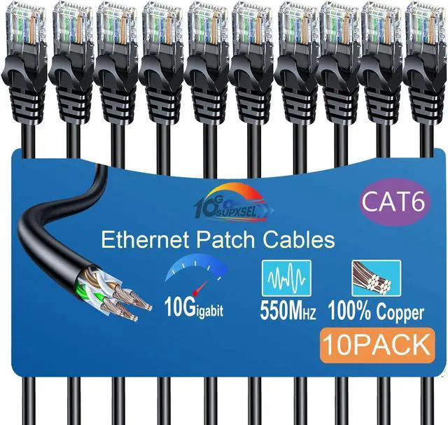 Main image of 10Gsupxsel Cat 6 Ethernet Cable 20FT 10Pack, Cat6 Ethernet Patch Cable 10Gbps, High-Speed UTP Cat6 Network Cable Pure Copper, Cat 6 Cable for Home and Office Network, Black