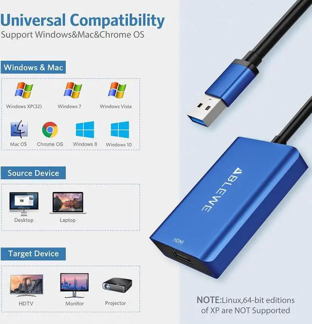 Alt view image 2 of 5 - ABLEWE USB to HDMI Adapter, 2023 Upgraded Aluminum USB 3.0/2.0 to HDMI Audio Video Converter for PC Laptop Projector HDTV, Support Mac OS, Windows 10/8.1/8/7, Chrome OS, Blue. (Not Support Linux)
