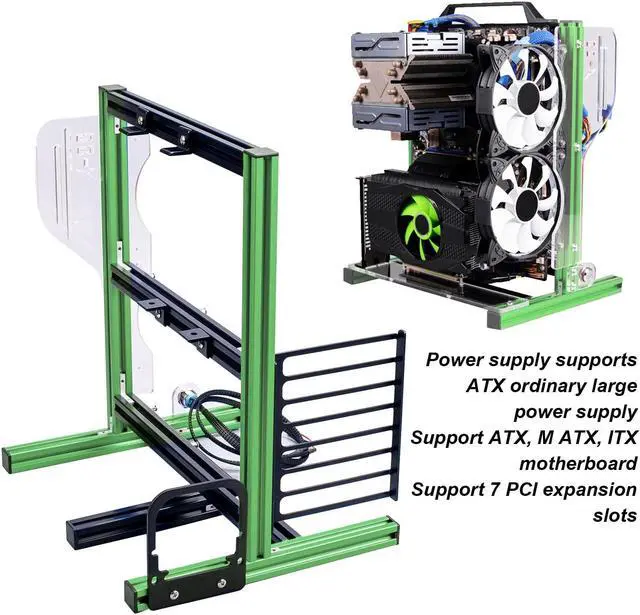 Alt view image 4 of 5 - DIY ITX MATX ATX Computer Open Air Case, Aluminum Open Frame Computer Case, PC Test Bench Vertical Motherboard Chassis DIY Kit(Green Black)