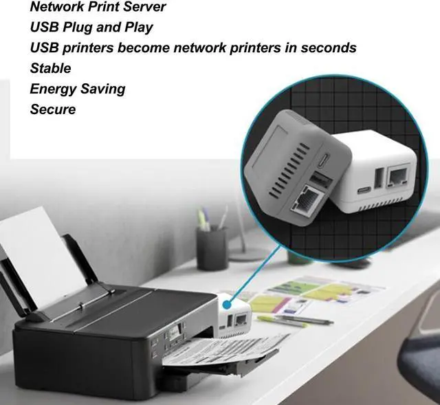 Alt view image 3 of 5 - USB 2.0 Network Print Server, 5V LAN Print Share Server for USB Printers, Computer Print Server for, Android, iOS (US Plug)