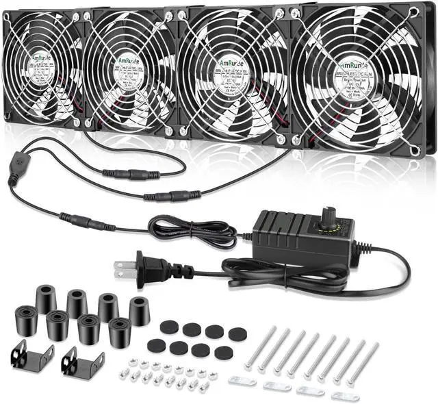 Main image of AmRunJe 120mm x 4 Computer Fan with AC Plug Variable Speed 110V - 240V DIY Small Window Fan and for Mining Rig, AV Cabinets, Home Theater, Refrigerator, Greenhouse Cooling
