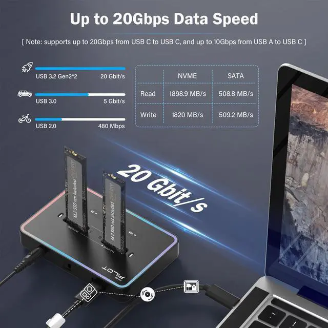 Alt view image 4 of 5 - AMZPILOT M.2 Duplicator Cloner Dual-Bay Offline USB C to NVME SATA Docking Station, M.2 Reader 20Gbps for Both (M Key, B+M Key) PCIE NGFF Dock, Size 22110 2280 2260 2242 2230 Enclosure - NN/SS RGB