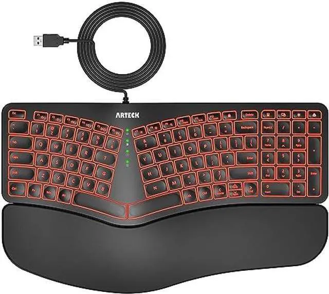 Main image of Arteck Ergonomic USB Wired Keyboard with Cushioned Wrist & Palm Rest, Backlit 7 Colors & Adjustable Brightness Comfortable Natural Split Keyboard with 6 Feet Wire for Windows Computer Desktop Laptop