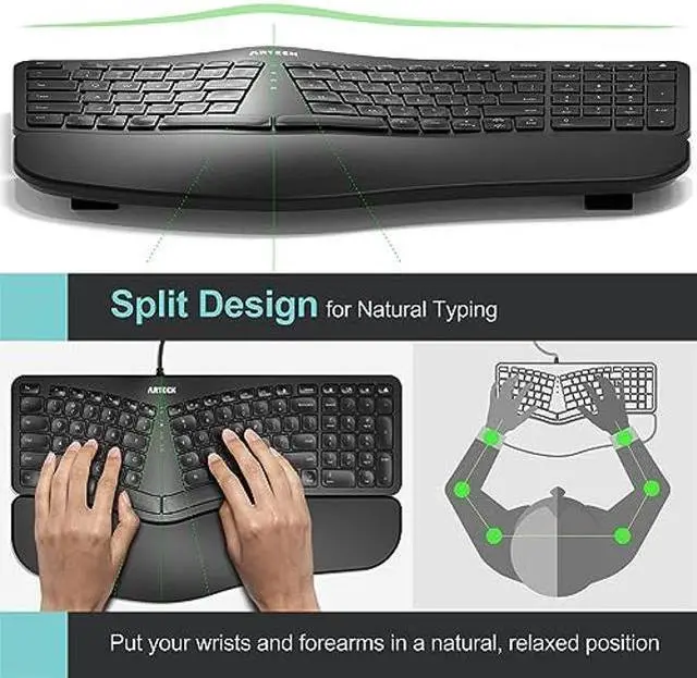 Alt view image 2 of 5 - Arteck Ergonomic USB Wired Keyboard with Cushioned Wrist & Palm Rest, Backlit 7 Colors & Adjustable Brightness Comfortable Natural Split Keyboard with 6 Feet Wire for Windows Computer Desktop Laptop