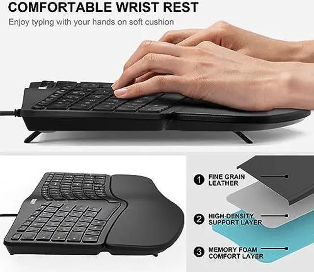 Alt view image 3 of 5 - Arteck Ergonomic USB Wired Keyboard with Cushioned Wrist & Palm Rest, Backlit 7 Colors & Adjustable Brightness Comfortable Natural Split Keyboard with 6 Feet Wire for Windows Computer Desktop Laptop