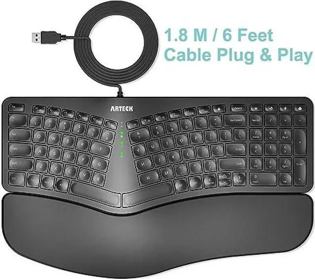 Alt view image 5 of 5 - Arteck Ergonomic USB Wired Keyboard with Cushioned Wrist & Palm Rest, Backlit 7 Colors & Adjustable Brightness Comfortable Natural Split Keyboard with 6 Feet Wire for Windows Computer Desktop Laptop