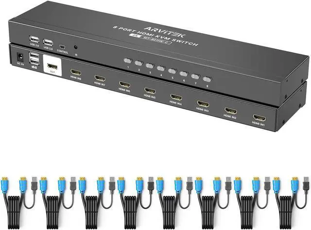 Main image of Arvitek HDMI KVM Switch 8 Port 4K@30Hz, 8 in 1 Out KVM Switcher with USB2.0 Hubs+ IR Remote Control + Desktop Selector + 8 PCs 2 in 1 kvm Cables