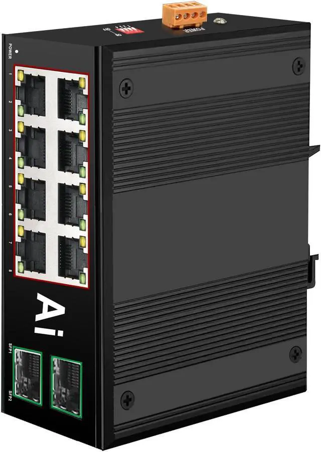 Main image of ienRon Industrial 8 Ports PoE Switch with 2 x Gigabit SFP Uplink Slots and Industrial DIN Rail, POE Budget 120W, POE Watchdog, DIN-Rail POE Switch for PTZ Camera/POE Lighting/ POE Monitor