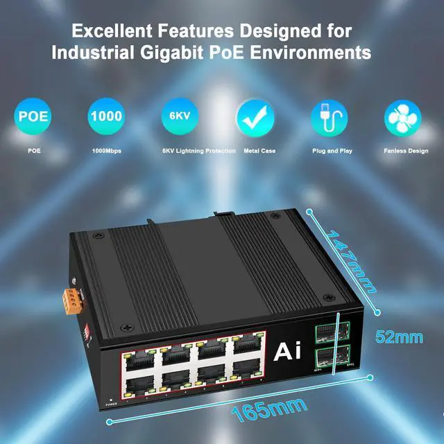 Alt view image 4 of 5 - ienRon Industrial 8 Ports PoE Switch with 2 x Gigabit SFP Uplink Slots and Industrial DIN Rail, POE Budget 120W, POE Watchdog, DIN-Rail POE Switch for PTZ Camera/POE Lighting/ POE Monitor