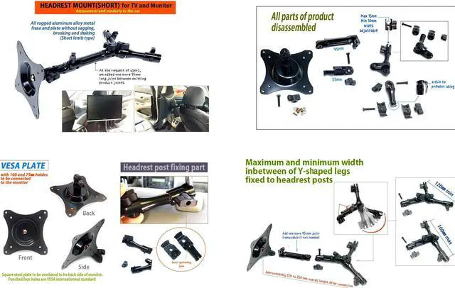 Alt view image 2 of 5 - All Sturdy Aluminum Alloy Metal Short Length Type TV/Monitor headrest Mount Bracket with a Steel Plate That has 75 & 100mm VESA Standard Holes