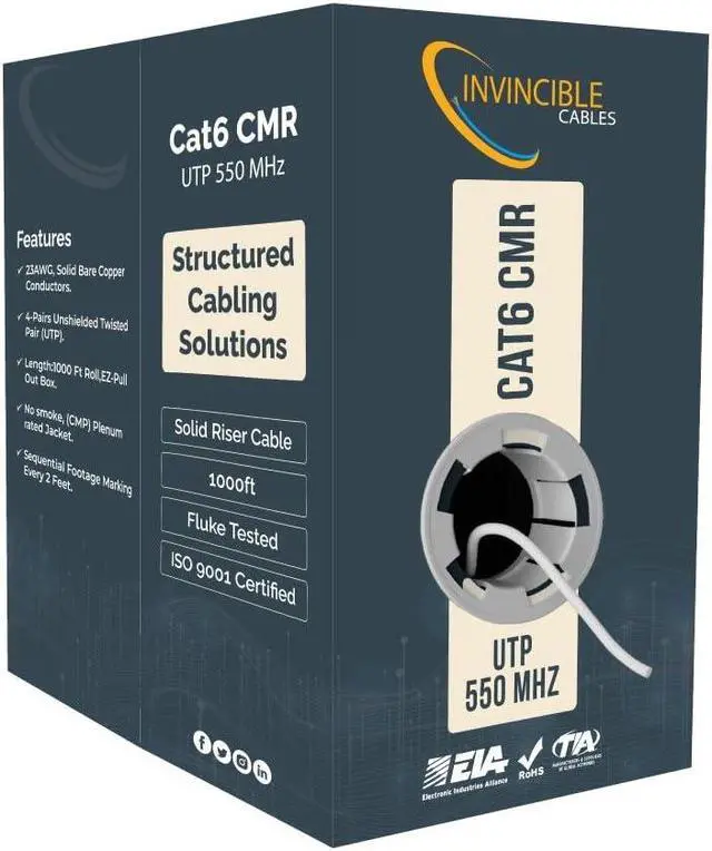 Main image of Invincible Cables Cat6 Riser Rated(CMR) 1000ft Cable | 100% Solid Copper Conductors | 550 MHz,23AWG 4 Pair,UTP | Fluke DTX-1800 Analyzer Test Passed | Precision Engineered for Reliability White