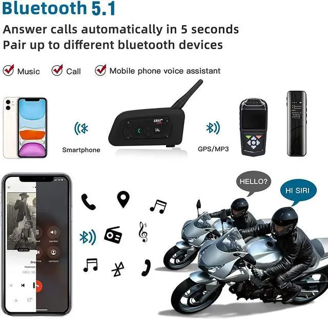 Alt view image 4 of 5 - EJEAS V6 Pro Motorcycle Bluetooth Headset, 2 Riders Intercom Bluetooth 5.1 Helmet Communication System with Hands-Free Call and Noise Reduction for Motorcycling Skiing and Climbing (2 Pack)