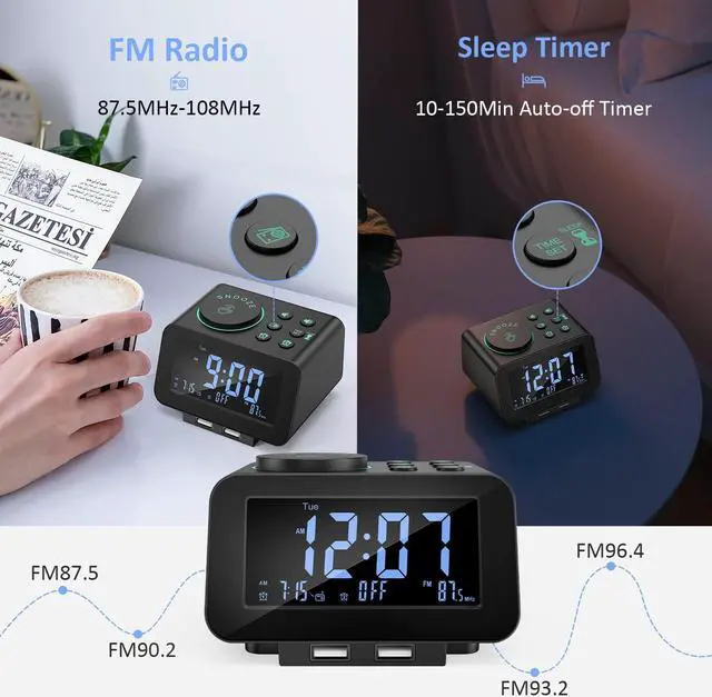 Alt view image 4 of 5 - uscce Digital Dual Alarm Clock Radio - 0-100% Dimmer with Weekday/Weekend Mode, 6 Sounds Adjustable Volume, FM Radio w/Sleep Timer, Snooze, 2 USB Charging Ports, Thermometer, Battery Backup