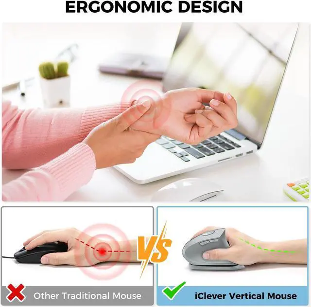Alt view image 2 of 5 - iClever Ergonomic Mouse, 2.4G Wireless Vertical Mouse, Silent Click, 7 Buttons, USB-C Rechargeable, 4 DPI 800/1200/1600/2400 with 3 Adjustable Tilt, Jiggler for Laptop, PC, Computer, Windows 8/10/11