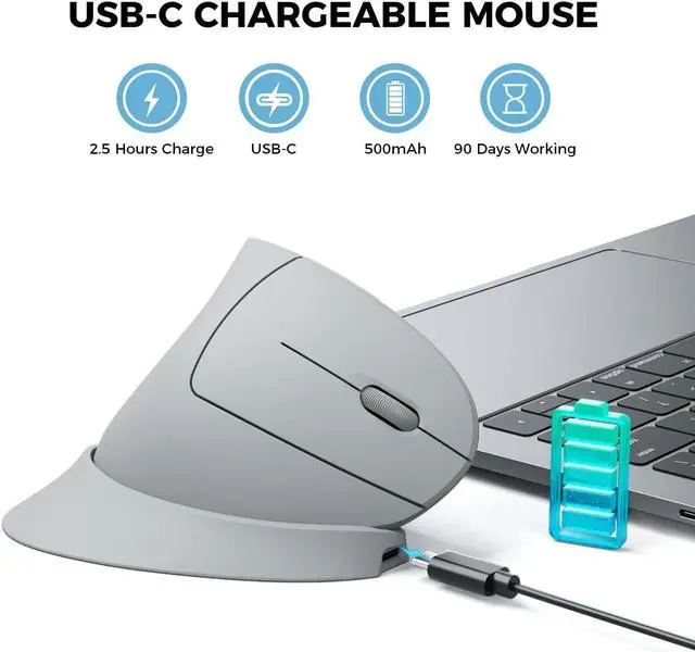 Alt view image 4 of 5 - iClever Ergonomic Mouse, 2.4G Wireless Vertical Mouse, Silent Click, 7 Buttons, USB-C Rechargeable, 4 DPI 800/1200/1600/2400 with 3 Adjustable Tilt, Jiggler for Laptop, PC, Computer, Windows 8/10/11