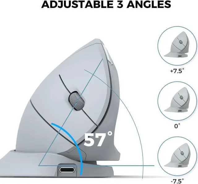Alt view image 3 of 5 - iClever Ergonomic Mouse, 2.4G Wireless Vertical Mouse, Silent Click, 7 Buttons, USB-C Rechargeable, 4 DPI 800/1200/1600/2400 with 3 Adjustable Tilt, Jiggler for Laptop, PC, Computer, Windows 8/10/11