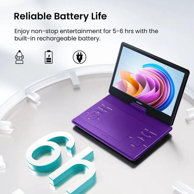 Alt view image 3 of 5 - ieGeek 15.9'' Portable DVD Player with 14.0'' Swivel Screen, 6 Hrs Rechargeable Battery, Car DVD Player, Sync TV, Region Free, Support USB/SD Card, High Volume Speaker, Remote Control, Purple